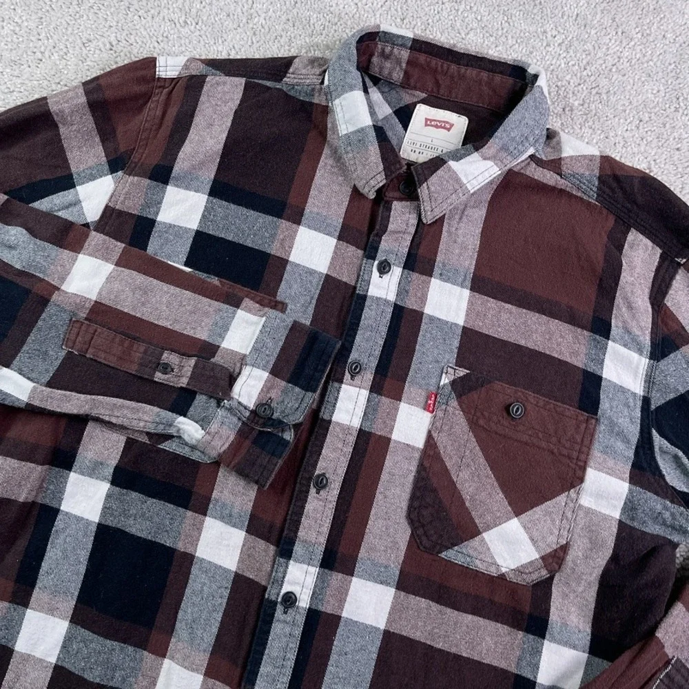 Levis Shirt Mens Large Brown Plaid Flannel Button‎ Up Outdoors Hiking Casual